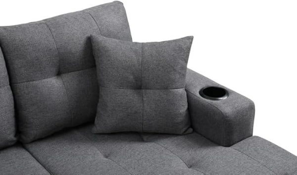 Marconi Reversible Sofa Sectional in Grey Fabric with Beverage Holders