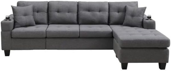 Marconi Reversible Sofa Sectional in Grey Fabric with Beverage Holders
