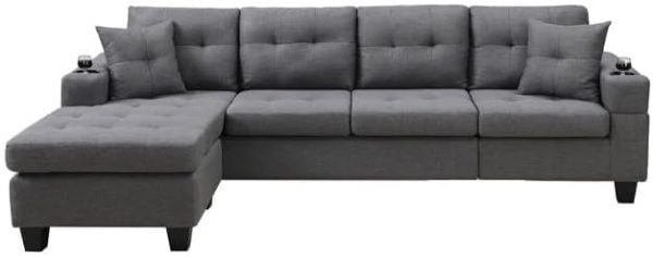 Marconi Reversible Sofa Sectional in Grey Fabric with Beverage Holders