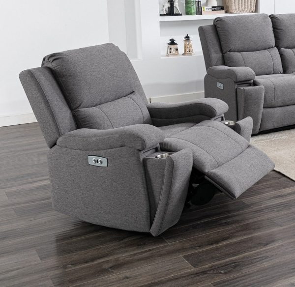 Erik 3pc Power Recliner Soft Grey Fabric Set with Hidden Pullout Cupholders
