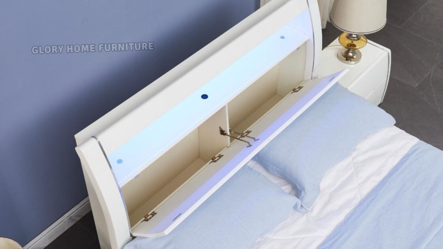Cameron White Lacquer and Chrome Silver Trim, LED 8 Piece Queen Bedroom Set