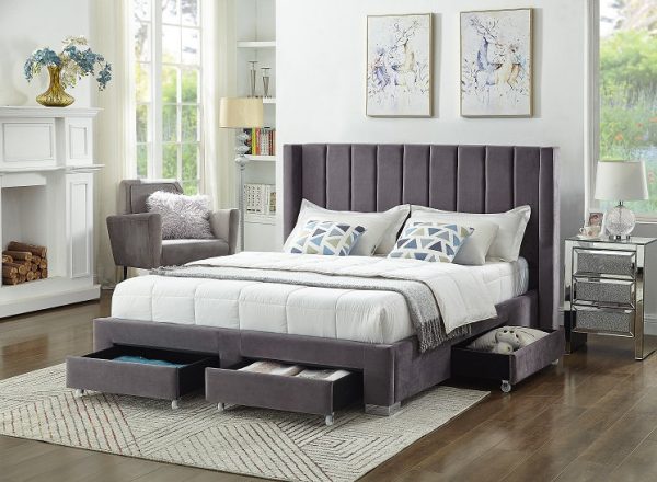 Ruby Deep Tufted Upholstered Wingback Platform Bed with Storage Grey In King
