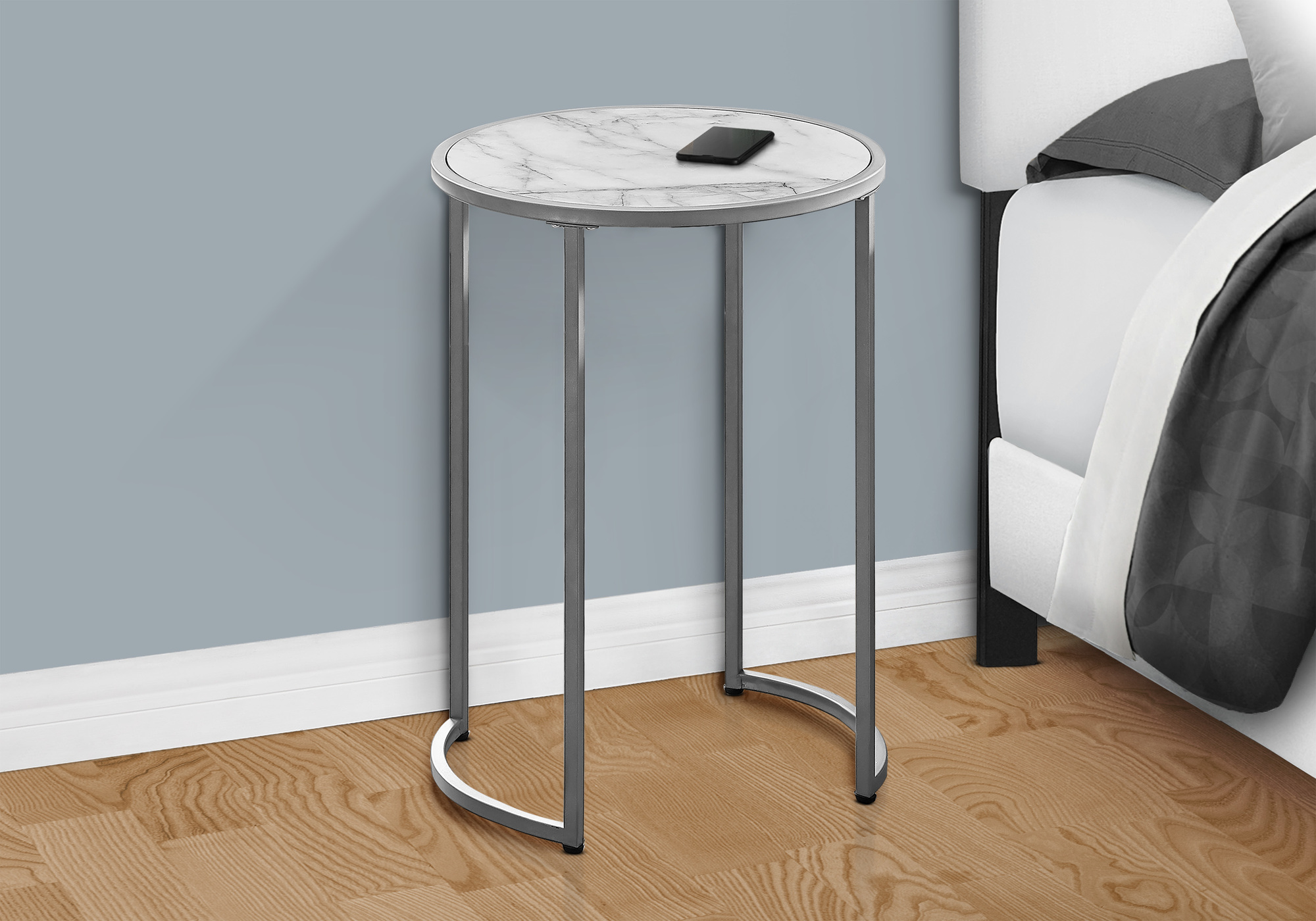 ACCENT TABLE - 24"H / WHITE MARBLE-LOOK / SILVER METAL