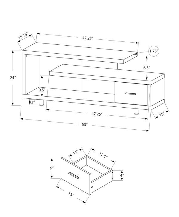 TV STAND - 60"L / BLACK / GREY TOP WITH 1 DRAWER