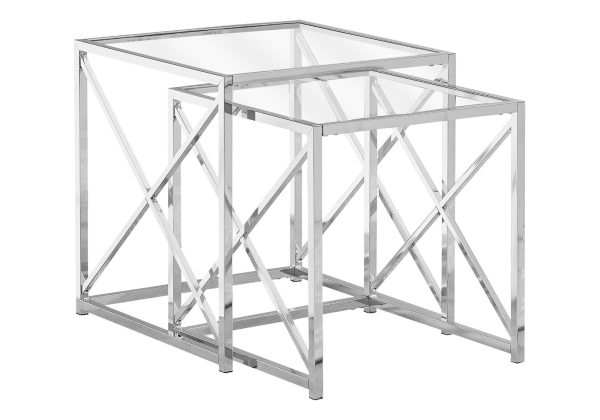 NESTING TABLE - 2PCS SET / CHROME METAL W/ TEMPERED GLASS