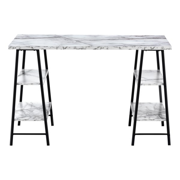 COMPUTER DESK - 48"L / WHITE MARBLE-LOOK / BLACK METAL