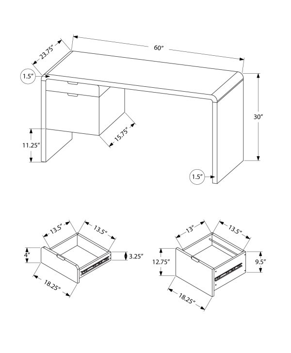 COMPUTER DESK - 60"L / HIGH GLOSSY WHITE L/R FACE DRAWER