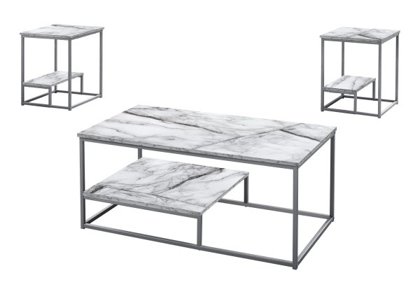 TABLE SET - 3PCS SET / WHITE MARBLE / SILVER METAL