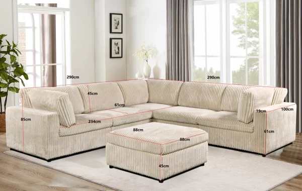 Megan Plush L-Shaped Sectional with Ottoman Storage in Beige