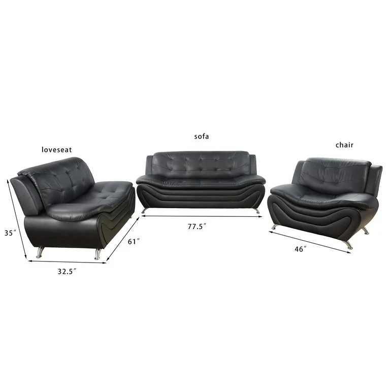 Tufted Spruce 3 Piece Living Room Set In Black