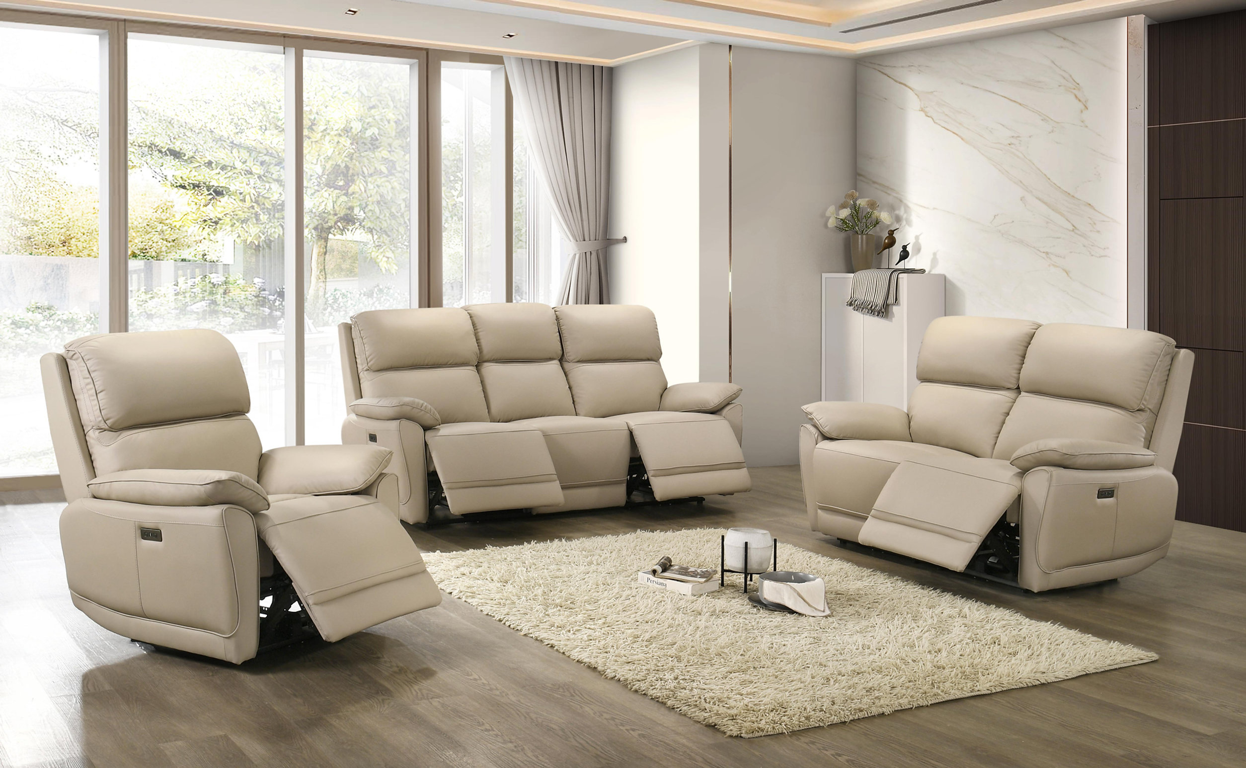 Ellington Genuine Leather Power Living Room Sofa in Warm Cream