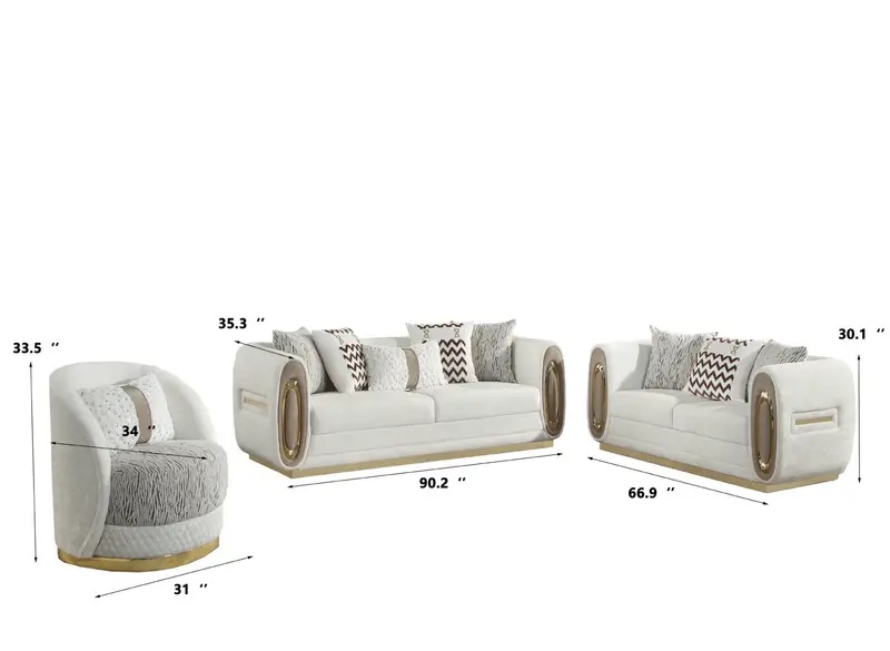 Luxury Cream Two Tone Textured Velvet 3-Piece Sofa Set with Gold Oval Accents