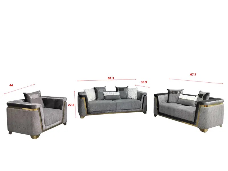 Luxury Taupe Velvet 3-Piece Sofa Set with Gold Trim Accents in Beige-Taupe