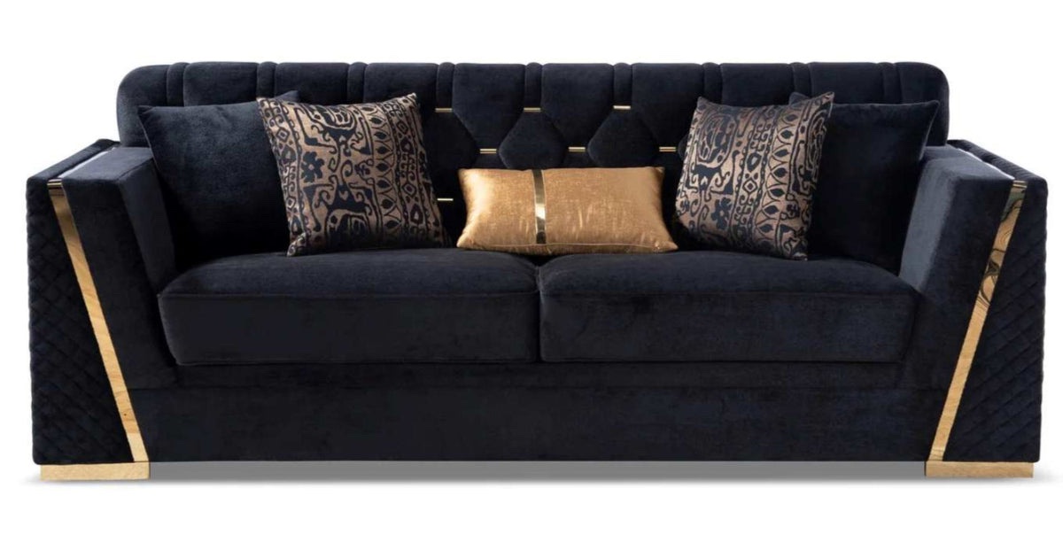 High Style Luxury 3-Piece Living Room Set - Black Velvet & Gold Trim