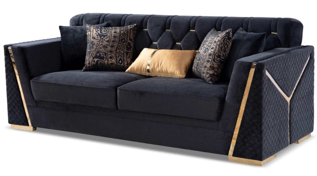 High Style Luxury 3-Piece Living Room Set - Black Velvet & Gold Trim