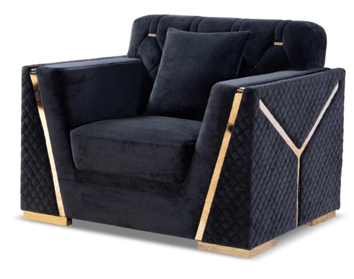 High Style Luxury 3-Piece Living Room Set - Black Velvet & Gold Trim
