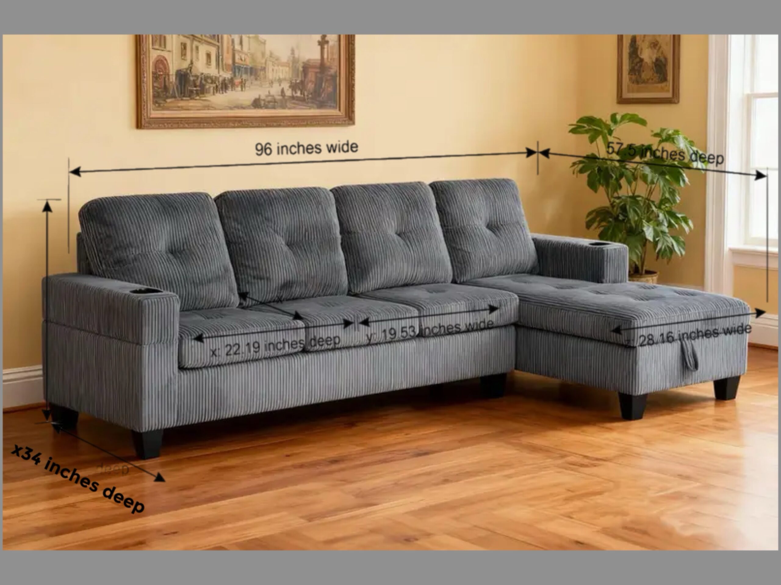 Marconi 2.0 Reversible Sofa Sectional with Lift Storage Chaise, Beverage Holders, Grey Corduroy Fabric