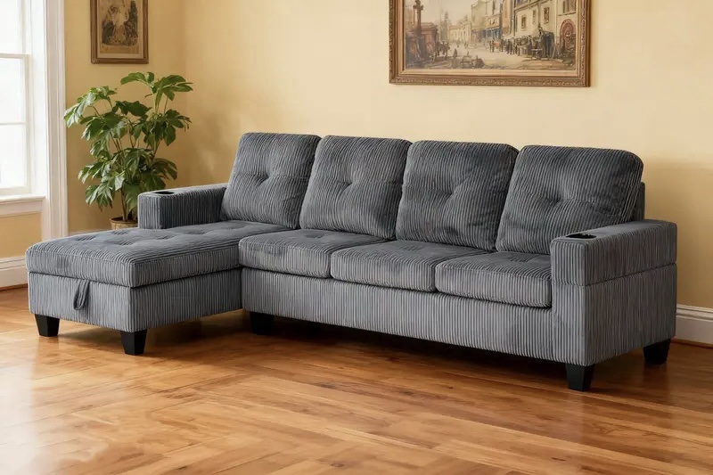 Marconi 2.0 Reversible Sofa Sectional with Lift Storage Chaise, Beverage Holders, Grey Corduroy Fabric