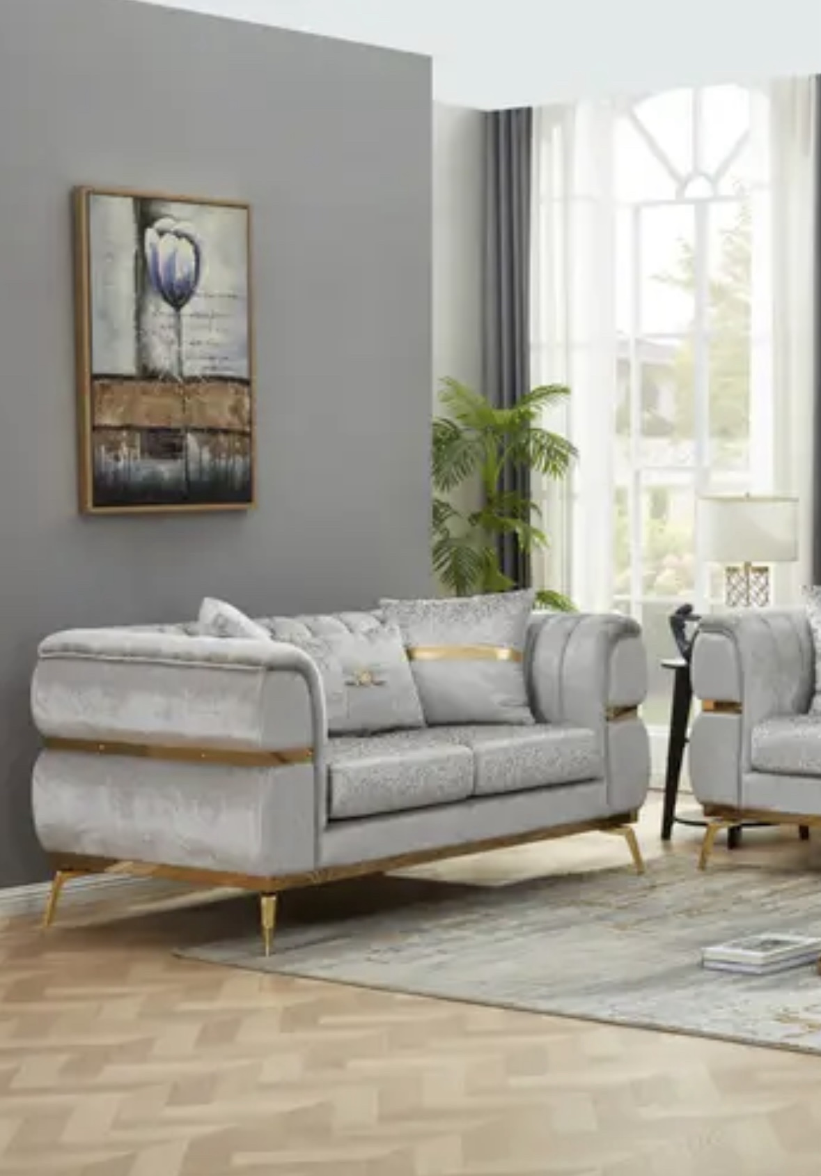 Catarina Highstyle Living Room Set in Shimmer Jacquard Grey