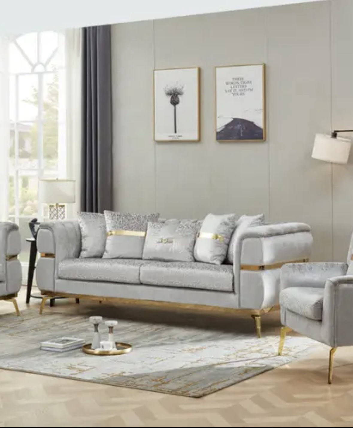 Catarina Highstyle Living Room Set in Shimmer Jacquard Grey