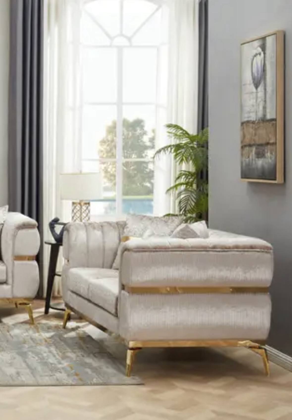 Catarina Highstyle Living Room Set in Shimmer Jaquard Beige