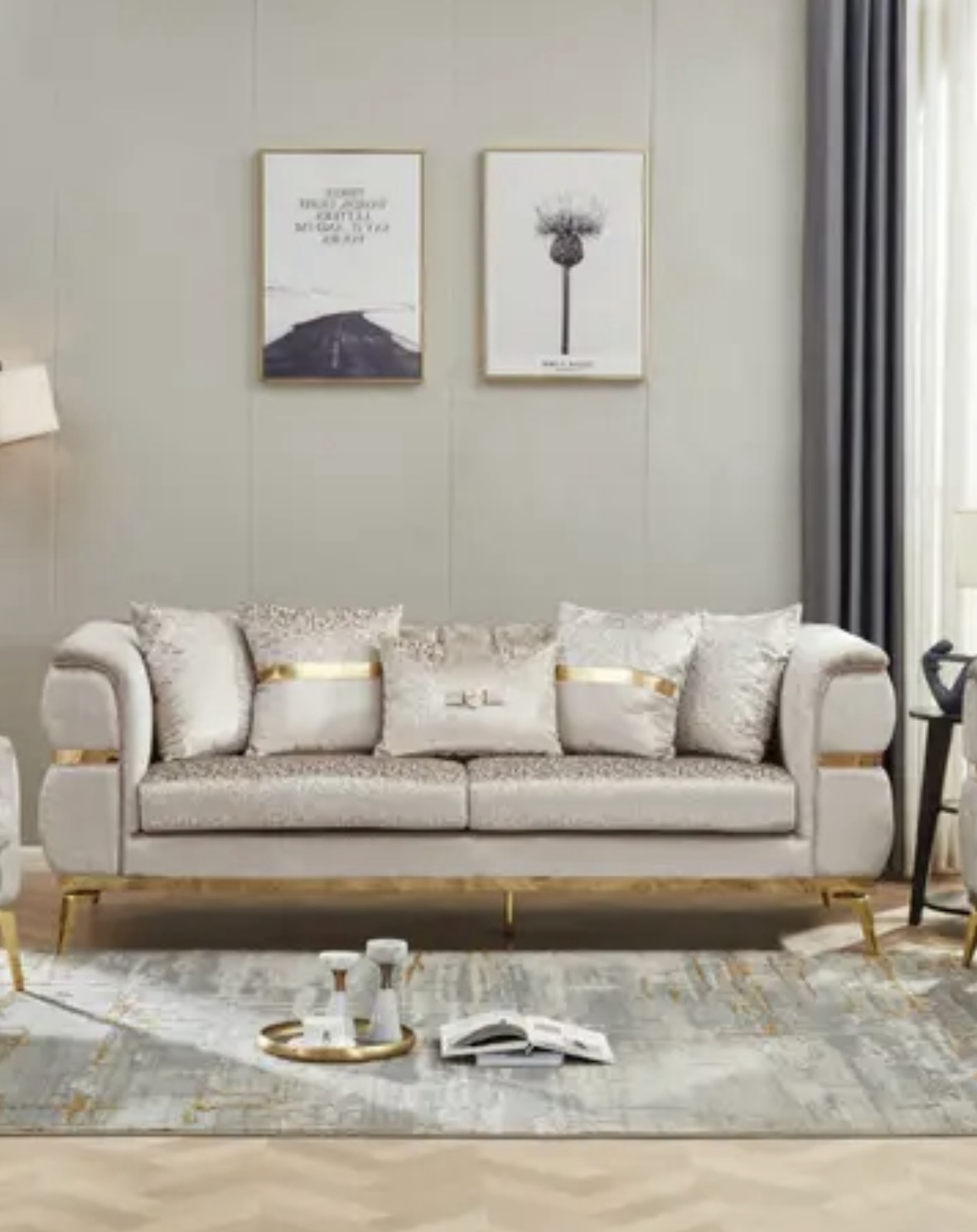 Catarina Highstyle Living Room Set in Shimmer Jaquard Beige
