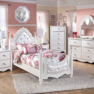 Exquisite Twin Poster Bed with Mirrored Dresser, Chest and 2 Nightstands by Ashl