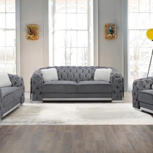 Monroe 3 Piece Living Room Set Dark Grey and Silver Frame, White Fluffy Accent P