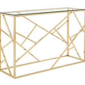 Marley Console Hall Table in Clear Glass and Gold Cross Over Geometric Design