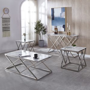 Elena Coffee Table White and Grey Marble and Cross over Chrome