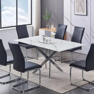 Jackie and Maria 7 Piece White Marble Table and Black Chairs