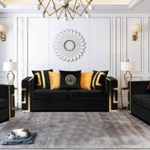 Chantel High Society BLACK 3 PIECE Sofa, Loveseat and Chair Gold Metal Modern Ac