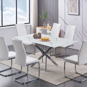 Jackie and Maria 7 Piece White Marble Table and White Chairs