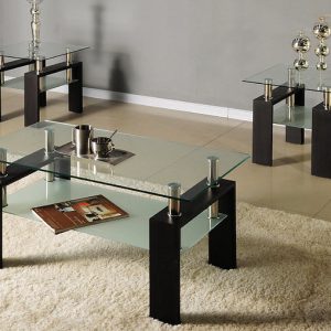 Quinn 3 Piece Art Deco Two Tier Espresso and Chrome Glass Coffee and End Table S