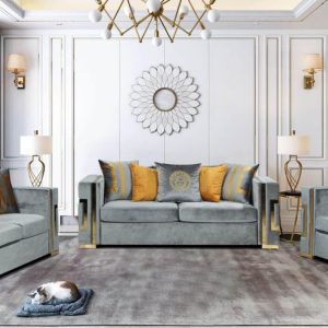 Chantel High Society GREY 3 PIECE Sofa, Loveseat and Chair Gold Metal Modern Acc