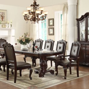 Trail 7 Piece Dark Walnut Table and Chairs in Black Leather