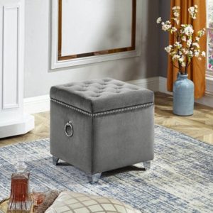 Welch Storage Grey Ottoman with Deep Tufting and Chrome Ring Details.