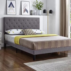 Lucy Queen Tufted Headboard, Platform Bed Grey Fabric
