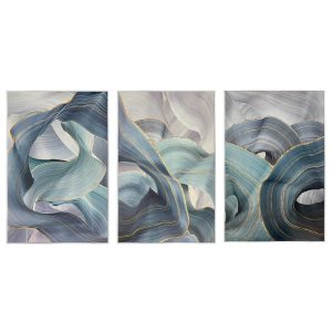 “Blue Silk” Abstract Framed Canvas Painting Print Artwork Set (3-Piece)