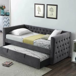 Satter Tufted Nailhead Grey Trundle Day Bed