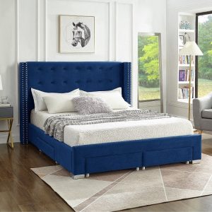 Sarah King Blue Tufted Nailhead upholstered wingback Platform bed with
