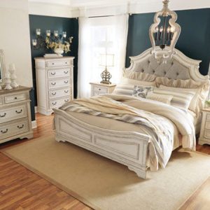 Realyn King Upholstered Bed with Mirrored Dresser, Chest and 2 Nightstands by As