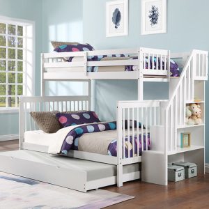 Elite Mission Staircase-Storage Shelves Twin over Double Bunk Beds in White