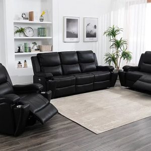 Erik 3pc Power Recliner Black Leather Match Fabric Set with Hidden Pullout Cupho