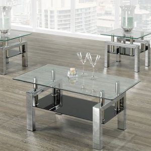 Quinn 3 Piece Art Deco Two Tier Shiny Silver and Chrome Glass Coffee and End Tab