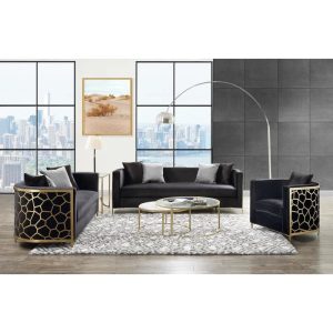 Fergal Black Honeycomb Gold Metal 3 Piece Living Room Set