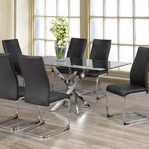 Jackie and Maria 7 Piece Clear Glass Table and Black Chairs