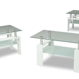 Quinn 3 Piece Art Deco Two Tier Glossy White and Chrome Glass Coffee and End Tab