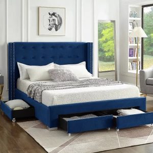 Sarah King Blue Tufted Nailhead upholstered wingback Platform bed with