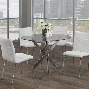 Reba and Maria 5 Piece Dinette Set White Chair Clear Glass Round Table